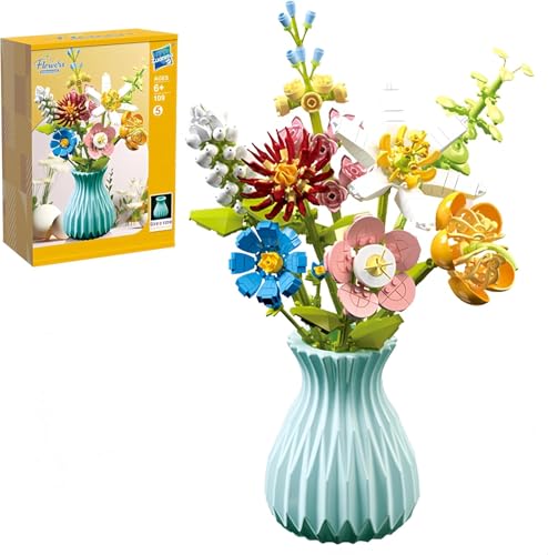 EUGRESS Blumenstrauß Bausatz mit 724 Teilen – 8 Kunstblumen und Vase – Botanische Kollektion Bauklötze für stilvolle Wohnraumdekoration (Green) von EUGRESS