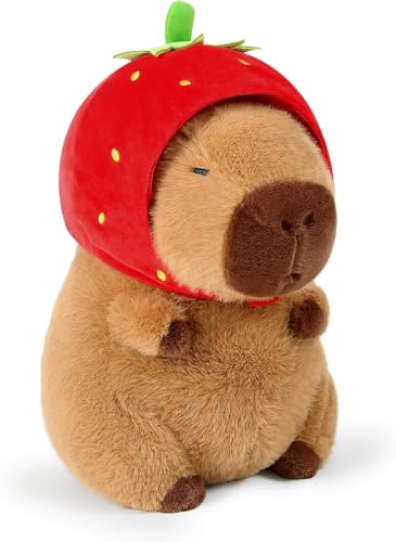 EUGRESS Capybara Plüschtier Netter Erdbeerhut - Weiches Winterspielzeug für Kinder - Braunes umarmbares Geschenk (25 cm) von EUGRESS