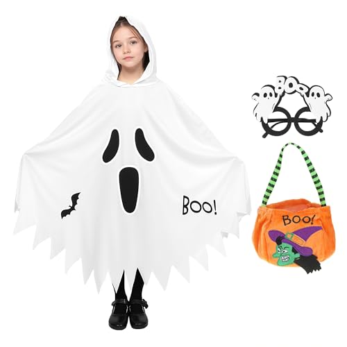 EUIOOVM Geister Umhang Geisterkostüm Kinder Weiß Gespenst Kostüm mit Gläser und Süßigkeiten-Beutel Geist Umhang Gespenst für Cosplay Karneval Halloween Fasching Kostüm Party von EUIOOVM