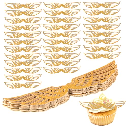 EUIOOVM Gold Glitter Flügel Cupcake Dekoration 50 Stück Goldenen Engelsflügeln Geburtstags Deko Schokolade Süßigkeiten Backen Kuchen Topper Deko für Hochzeits Geburtstags Zauberer Mottoparty von EUIOOVM