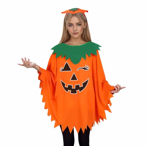 EUIOOVM Kürbis Kostüm Damen, Halloween Damen Kürbis Erwachsene Umhang Orange Poncho mit Kopfschmuck, Halloween Kostüme für Frauen Cosplay Karneval Mottoparty, Einheitsgröße von EUIOOVM
