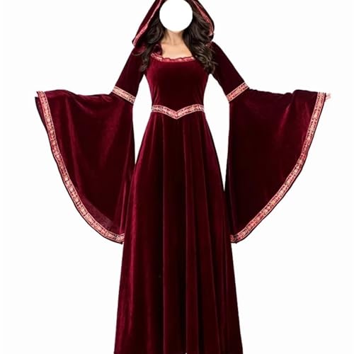 EUIYCBA Damen Mittelalterliches Gothic-Vampirkleid – Elegantes, langärmeliges, luxuriöses Gothic-Kleid für Halloween-Party, Cosplay und Vampir-Kostüm (Weinrot, Größe S - Mittelalterliche Kleidung) von EUIYCBA