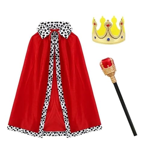 EUIYCBA Königskostüm-Set für Kinder, königlicher Umhang und Krone, roter Samt-Robe für Geburtstag, Halloween, Party, mittelalterliches Weihnachts-Krippenspiel (3-teiliges Set, Länge 90 cm) von EUIYCBA