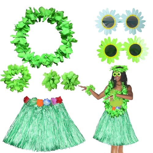 EULAPGOE Hawaii Kostüm Set,Hawaii Blumenketten Halskette Stirnband Armbänder + Grasrock Outfit für Hawaiianische Feierlichkeiten, Strandparty & Luau von EULAPGOE