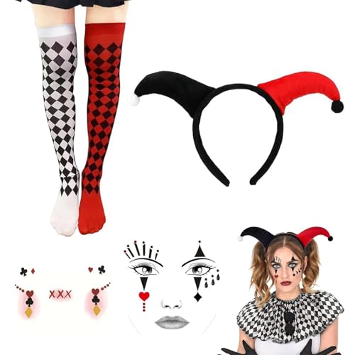 EULAPGOE Herzkönigin Kostüm Damen Accessoires,Harlekin Kostüm Damen – Clown Zubehör Set mit Stirnband, Gesichtstattoos und Strümpfen – Rot & Schwarz von EULAPGOE