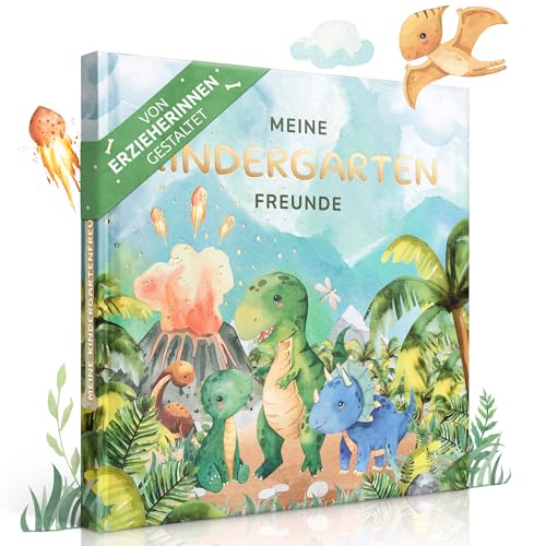 EULENTALER® Das Kindergarten Freundebuch für Jungs I Von Erzieherinnen gestaltet I Handgemalte Dinosaurier I Kinderfreundliche Gestaltung I mit Goldprägung I Kindergartenfreundebuch Dino von EULENTALER