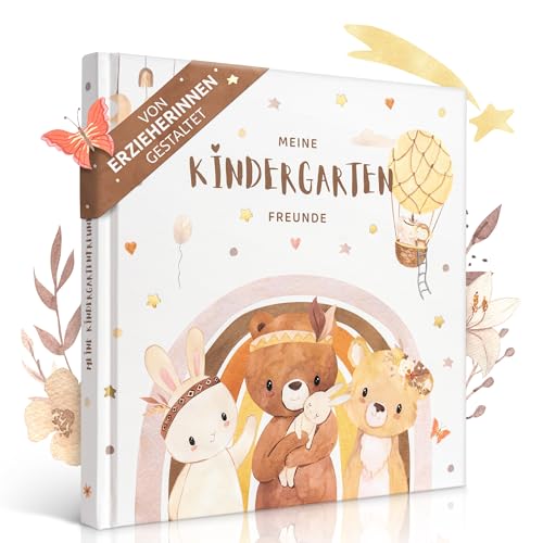 EULENTALER® Das Kita & Kindergarten Freundebuch I Von Erzieherinnen gestaltet I Handgemalte Tiere im Boho-Look I Kinderfreundliche Gestaltung I Goldprägung I Meine ersten Freunde für Jungs & Mädchen von EULENTALER