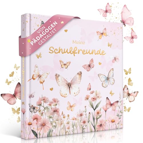 EULENTALER® Das Schulfreundebuch für Mädchen Schmetterlinge I Von Pädagogen gestaltet I Handgemalte Schmetterlinge & Blumen I Geschenk zur Einschulung I Goldprägung I Freundebuch Grundschule von EULENTALER