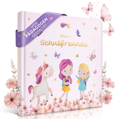 EULENTALER® Freundebuch Schule für Mädchen Einhorn I Von Pädagogen gestaltet I Handgemalte Einhörnern, Schmetterlinge & Blumen I Geschenk zur Einschulung I Goldprägung I Schulfreundebuch Grundschule von EULENTALER