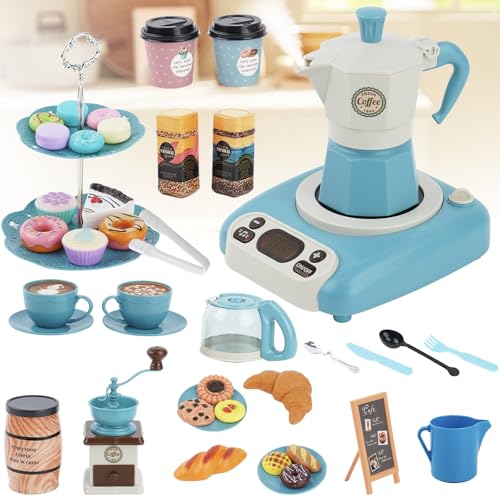 Kinder-Spielzeug-Kaffeemaschine, Kleinkind-Kaffeemaschinen-Spielzeug mit Ton, Licht und Dampf, Küchenspielzeug mit Nachmittagstee-Set, Kleinkind-Spielzeug-Küchenzubehör, Geschenke für Jungen und Mädch von EULEUY