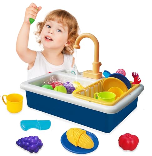 Küchenspüle,Spielzeug,Rollenspiel-Küchenset mit fließendem Wasser Kinder Küche, Kochen,Waschen,Geschirrspülerzubehör, Rollenspiel-Kinderwaschbecken,Geschenk für Jungen,Mädchen, Kleinkinder(blau) von EULEUY