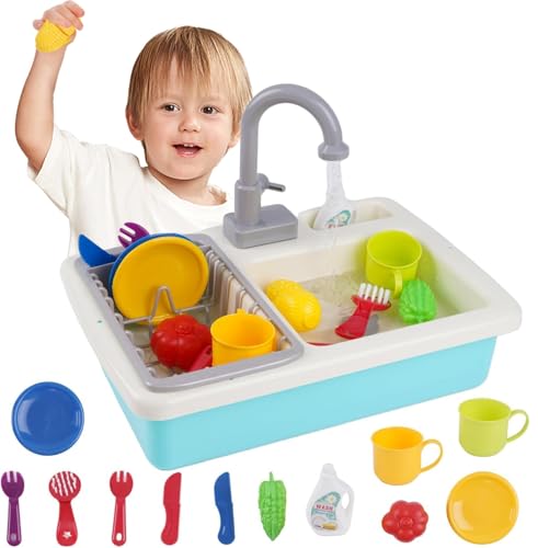 Spielspüle Kinder,Küchenspüle Spielzeug Set mit Wasserkreislauf,Elektrischem Wasserhahn,Rollenspiel-Kinderwaschbecken,Spielzeug Zubehör Küche Rollenspiel für Kinder 3+ von EULEUY