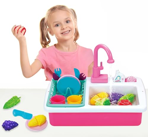 Küchenspüle,Spielzeug,Rollenspiel-Küchenset mit fließendem Wasser Kinder Küche, Kochen,Waschen,Geschirrspülerzubehör, Rollenspiel-Kinderwaschbecken,Geschenk für Jungen,Mädchen, Kleinkinder(Rosa) von EULEUY