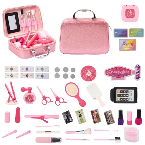 Rosa Friseur Set Kinder,Make-up-Spielzeug,Schminkkasten Mädchen, Friseurzubehör, inklusive Föhn, Glätteisen, Kamm und Zubehör, Rollenspiel,Kinder-Schminkkasten,Geschenke für Mädchen im Alter von 3+ von EULEUY