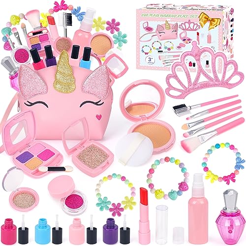EULRGAUS Pretend Makeup for Toddlers, Kids Makeup Kit for Girl, Play Makeup for Little Girls, Toddler Makeup Kit with Unicorn Bag for Little Girls Age 3 4 5 6 7+ Christmas Birthday Gift (Fake Makeup) von EULRGAUS