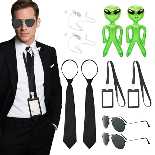 EUPSIIU 12 Stück Agent Kostüm Zubehör, Men in Black Kostüm, Spion Kostüm Zubehör mit Sonnenbrille Krawatte Aufblasbare Requisiten Aliens ID Karte Gefälschte Hörer für Cosplay Party (Schwarz) von EUPSIIU
