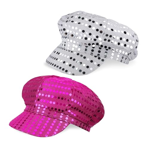 EUPSIIU 2 Stück 70er Pailletten Hut,Abba Hut für Frauen Damen,Silber und Rose Glitzernde Disco Party Hüte,Abba Fancy Kleid Kostüm Zubehör für Retro Abba Zubehör Halloween Karneval Fasching (Silber, Ro von EUPSIIU
