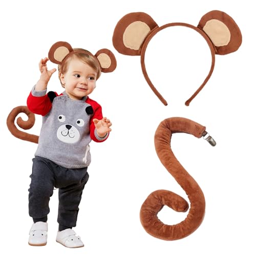 EUPSIIU 2 Stück Affenohren und Langen Schwanz Set für Erwachsene Kinder, Affen Kostüm mit Affenohren Stirnbänder und Affenschwanz Tier Fasching Kostüm Karneval Haarbänder Cosplay Affenkostüm (Affen) von EUPSIIU