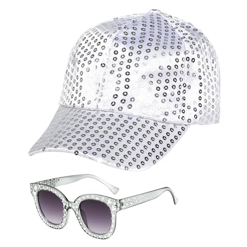 EUPSIIU 2 Stück Disco Accessoires 70er Jahre Kostüm Glitzer Disco Sonnenbrille Strass Pailletten Ohrringe Hut 80er Jahre Outfit Damen für Fasching Karneval Disco Kostüm Damen (2 Stück) von EUPSIIU