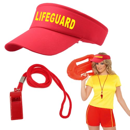EUPSIIU 2 Stück Lifeguard Set Fasching Kostüm Karneval Verkleidung Rettungschwimmer, Rot Lifeguard Visor Cap Herren Damen Kostüm Mit Kunststoff-Sportpfeifen für Rettungsschwimmer Trainer von EUPSIIU