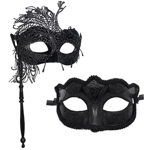 EUPSIIU 2 Stück Maskenmaske mit Stock, Venezianische Maske, Mardi Gras Dekorationen Venezianische Masken, Lace Augenmaske Prom Mask für Karneval Kostüm Dekorationen Halloween Maskenball von EUPSIIU