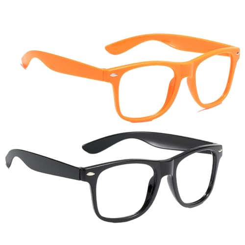 EUPSIIU 2 Stück Spielzeugbrille, Brillenrahmen ohne Linsen, Retro Brillen, Ultra Light Gläser Zubehör, Nerd Brille für Karneval, Mottoparty, Verkleidung und Partys Cosplay (Schwarz, Orange) von EUPSIIU