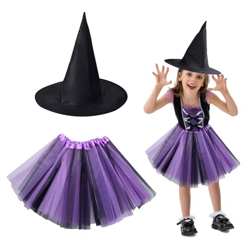 EUPSIIU 2 Stücke Hexenkostüm, Halloween Kostüm Kinder, Hexen Kostüm für Karneval, mit Hexenhut und Tutu-Kleid, Halloween Party Deko, Hexenkostüm für Cosplay Fasching Karneval Party (Schwarz-Lila) von EUPSIIU