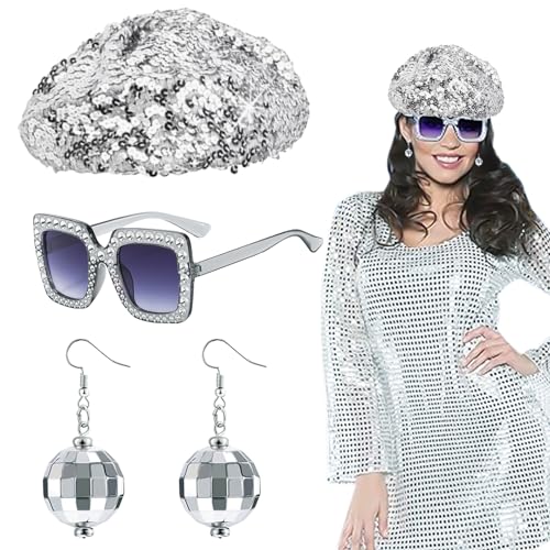 EUPSIIU 3 Stück Disco Kostüm 70er 80er Accessoires mit Pailletten Baskenmützen Hut Bling Sonnenbrille Ohrringe Discokugel Erwachsene Disco Outfit Zubehör Damen Dance Kostüm für Karneval (Silber) von EUPSIIU