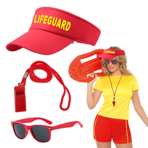 EUPSIIU 3 Stück Lifeguard Set Fasching Kostüm Karneval Verkleidung Rettungschwimmer, Rot Lifeguard Visor Cap Sonnenbrille Herren Damen Kostüm Mit Kunststoff-Sportpfeifen für Rettungsschwimmer von EUPSIIU
