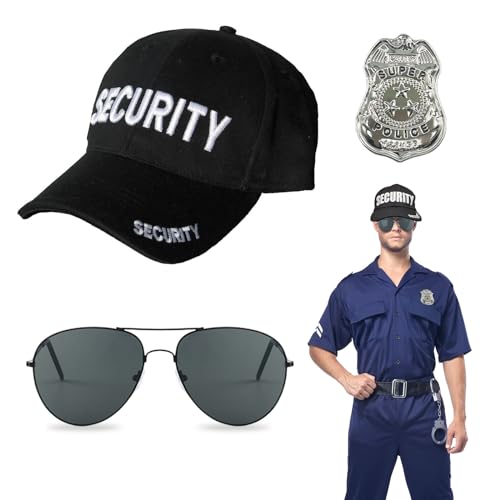 EUPSIIU 3 Stück Polizei Kostüm Set mit Sicherheit Hut Sonnenbrille Polizist Abzeichen Polizei Kappe Polizei Polizeimütze Detective Cop Swat Rollenspiel Zubehör Halloween Party Dress up (Schwarz) von EUPSIIU