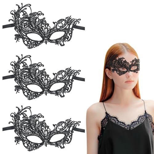 EUPSIIU 3 Stück Spitze Maske, Venezianische Maske, Damen Schwarz Augenmaske, Augenmaske Spitze, Augenmaske Maskerade Maske für Halloween Karneval Party, Abendkleid Tanz Ball Party (Schwarz) (Schwarz) von EUPSIIU