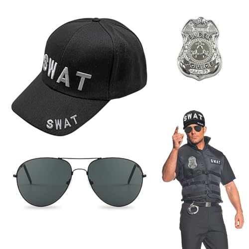 EUPSIIU 3 Stück Swat Kostüm Set mit Sicherheit Hut Swat Sonnenbrille Polizist Abzeichen, Polizei Kappe Polizei Polizeimütze Detective Cop Rollenspiel Zubehör Erwachsene Kinder Halloween Party (Swat) von EUPSIIU