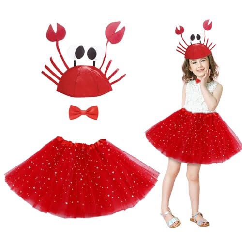 EUPSIIU 3 Stücke Krabben Hüte Halloween, Verstellbare Krabben Kostüm, Krabben Hüte mit Rot Fliege, Krabben Tutu-Kleid, Dress Up Party Kostüm, für Neujahr Weihnachten Ostern Dekoration Kostüm (Rot) von EUPSIIU
