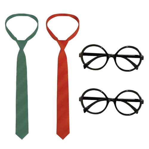 EUPSIIU 4 Stück Brille Krawatte Kostüm Zubehör Set, Cosplay Krawatte,mit runden Rahmen keine Gläser,Karneval Kostüm Accessoires Geburtstag Party Zubehör Halloween Party Geschenke (4 Stück) von EUPSIIU