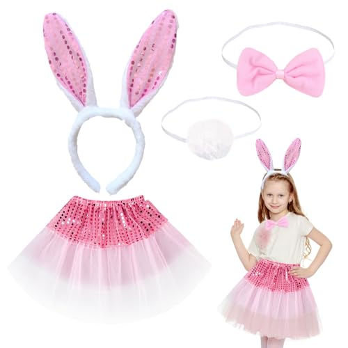 EUPSIIU 4 Stück Hase Cosplay Kostüm Zubehör Kaninchen Hasenohren Stirnband inklusive Tier-Tutu-Rock für Kinder Mädchen Cosplay Geburtstagsfeier Karneval Ostern Bunny Kostüm Zubehör (4 Stück) von EUPSIIU