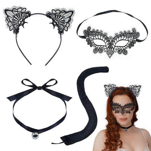 EUPSIIU 4 Stück Katzenkostüm Damen Set Reizvolle Spitzen Katzenohren Haarreif Halloween Maske Cat Ears Haarschmuck Fasching Maskerade Masquerade Kostüm Frauen Cosplay Damenmaske (4 Stück) von EUPSIIU