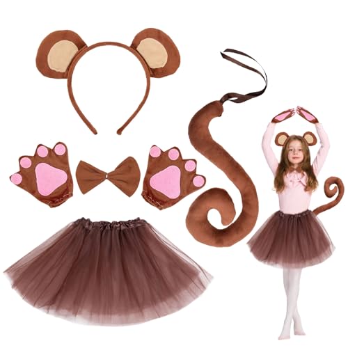 EUPSIIU 5 Stück Affen Kostüm Affenohren Tier Affen Ohren Stirnbänder Langen Schwanz Fliege Pfoten Handschuhe Mädchen Tutu, Affenkostüm für Kinder Tierkostüm Halloween Tier Haarbänder Cosplay (Affen) von EUPSIIU