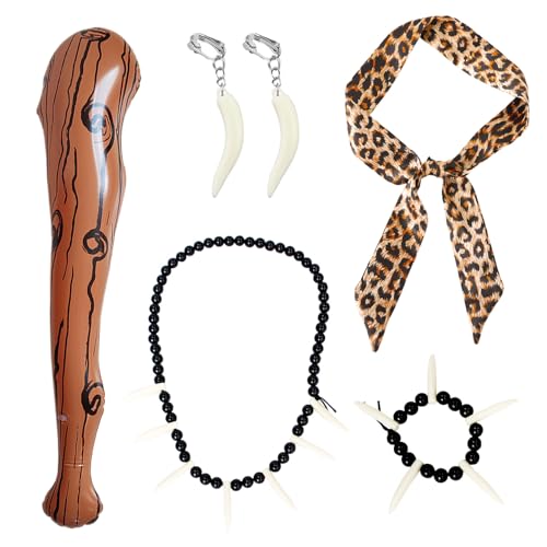 EUPSIIU 5 Stück Damen Höhlenfrau kostüm Leoparden Kostüm Set Aufblasbare Waffe Tier Leopard Stirnband für Kostüm Party Dekoration Zubehör Steinzeit Mottoparty Kannibale Höhlenmensch(5 Stück) von EUPSIIU