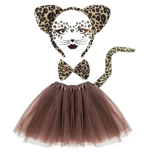 EUPSIIU 5 Stück Leopard Kostüm Set Tierkostüm Kinder inklusive Tutu Rock Leopard Ohren Stirnband, Schwanz, Fliege Leopard Gesicht Kunst Aufkleber, für Halloween Geburtstag Kostüm Party (Braun) von EUPSIIU