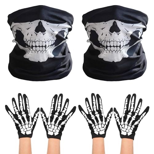 EUPSIIU 6 Stück Totenkopf Maske + Skelett Handschuhe, Schwarz Skelett Handschuhe Set für Halloween, Gesichtsmaske Handschuhe, Halloween-Kostümpartydekorationen, Outdoor Aktivitäten (Schwarz) von EUPSIIU