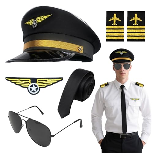 EUPSIIU 6-teiliges Kostüm-Set für Fluglinienpiloten, Kapitänshut, Kostümzubehör, Halloween-Piloten-Flugzeug-Kostüm, Kostüm-Set, Fliegerhut, Armband, Abzeichen, Brille, für Cosplay, Verkleidungsparty von EUPSIIU