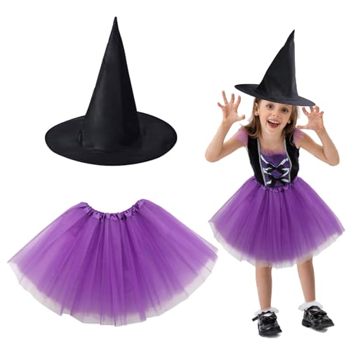 EUPSIIU Hexenhut Tüllrock Tütü Kinder halloween Kostüm Hexenkostüm für Mädchen Halloween Kostüm Deluxe Set Karneval Dress Up Party Cosplay Hexen Verkleidung Set Für Fasching Party (2 Stück) von EUPSIIU