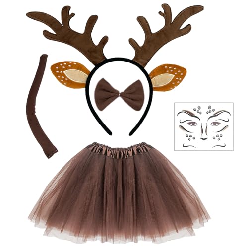 EUPSIIU Karneval Kostüm, Haarreif Geweih Hörner Rehohren, Reh Gesichtstattoo, Reh Kostüm Kopfschmuck Haarreifen, Rentierschwanz Fliege und Tuturock für Kinder Fasching Mottoparty Cosplay Halloween von EUPSIIU