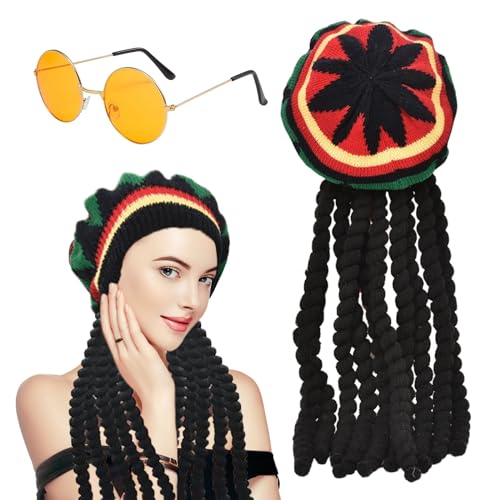 EUPSIIU Strickmütze mit Dreadlocks Brille, Mütze Rasta Dreadlocks, Jamaika-Mütze mit Dreadlocks, Schwarze Geflochtene Perückenkappe, für Karneval, Halloween, Fasching, Mottoparty von EUPSIIU