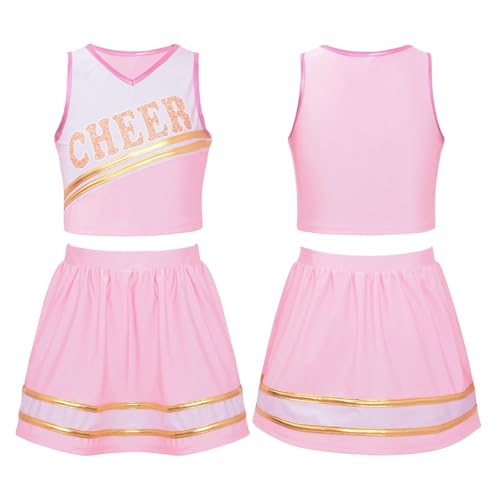 EURDFHY Cheerleader Kostüm Kinder Mädchen Cheerleading Uniform Cheer Dance Kleidung Ärmelloses V-Ausschnitt Brief Drucken Crop Top mit elastischem Bund Rock(Light Pink,12) von EURDFHY