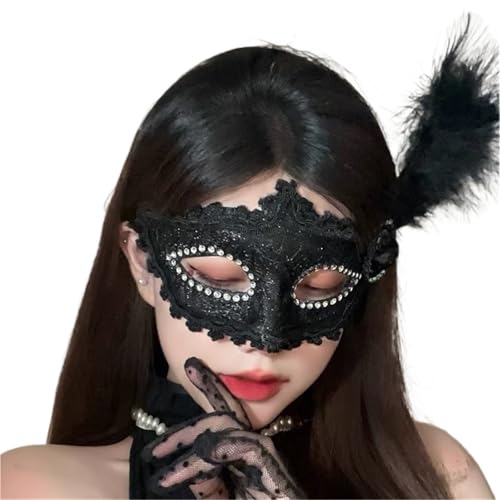 EURDFHY Feder Maske Feder Halbe Gesicht Maske Frauen Spitze Blume Hochzeit Party Leistung Kostüm Maskerade(Black) von EURDFHY