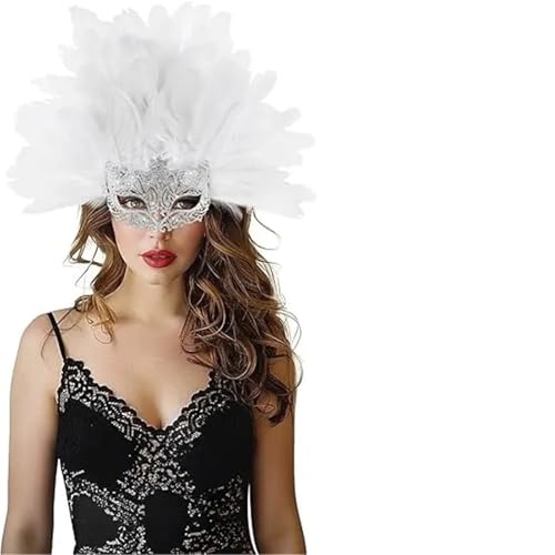 EURDFHY Feder Maske Gefiederter Kopfschmuck mit Maske, Maskenkostüm-Zubehör for Weihnachtsfeier-Requisiten und Bühnenkostüm(White) von EURDFHY