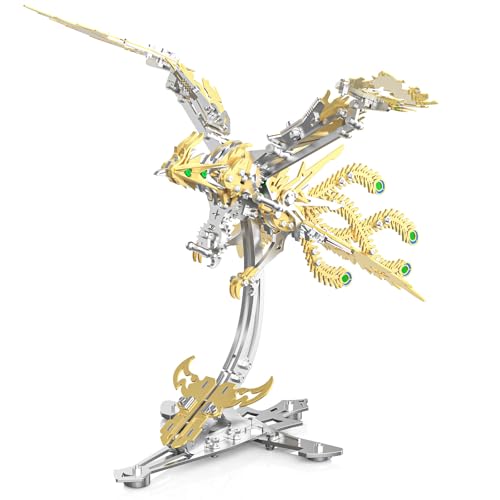 3D Metallbausatz Drache, Gold-Silber Zweifarbig, Mechanisches Modell mit Grünen Akzenten, Displayständer Inklusive von EUSP.LONGPIN