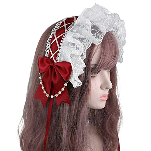 Haarband mit gerüschter Spitze, japanisches Band, Schleife, Dienstmädchen, Haarband, Perlenkette, Cosplay-Haarschmuck von EUYueli