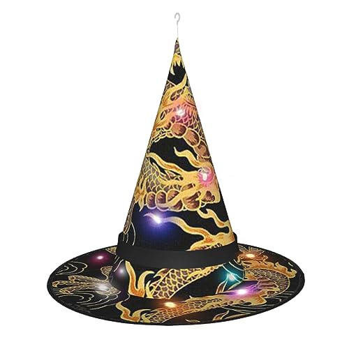 EVANEM Hexenhut mit gelbem Drachen, schwarz, Halloween-Lichter, 3 Farbwechsel, leuchtender Hexenhut, Halloween-Dekoration, Hut für Damen von EVANEM
